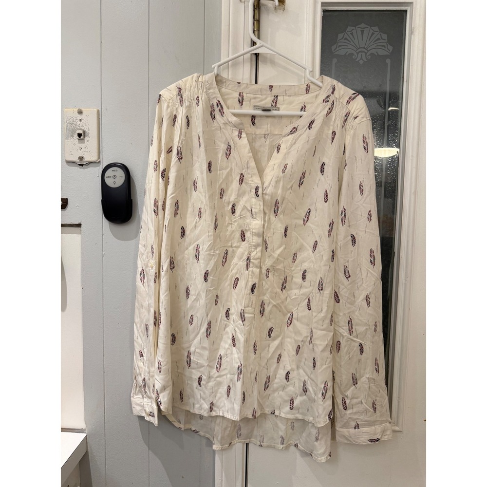 Bass Womens XL Feather Print Roll Tab Sleeve Rayon Blouse Ivory AECC60017